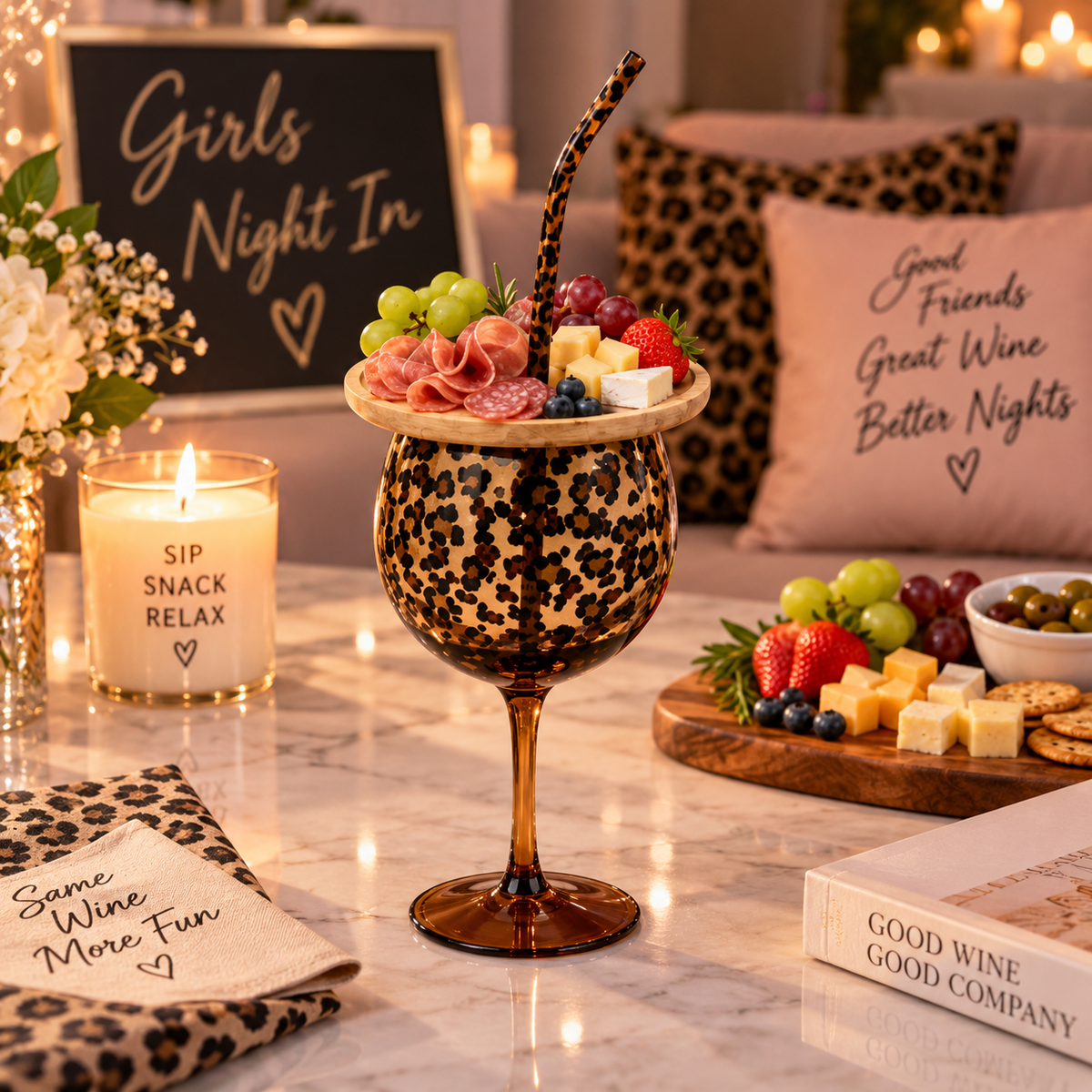 TYIIPRO™ Leopard Print Wine Glass Set with Snack Tray & Reusable Straw – 20.6 oz Girls’ Night Gift Set