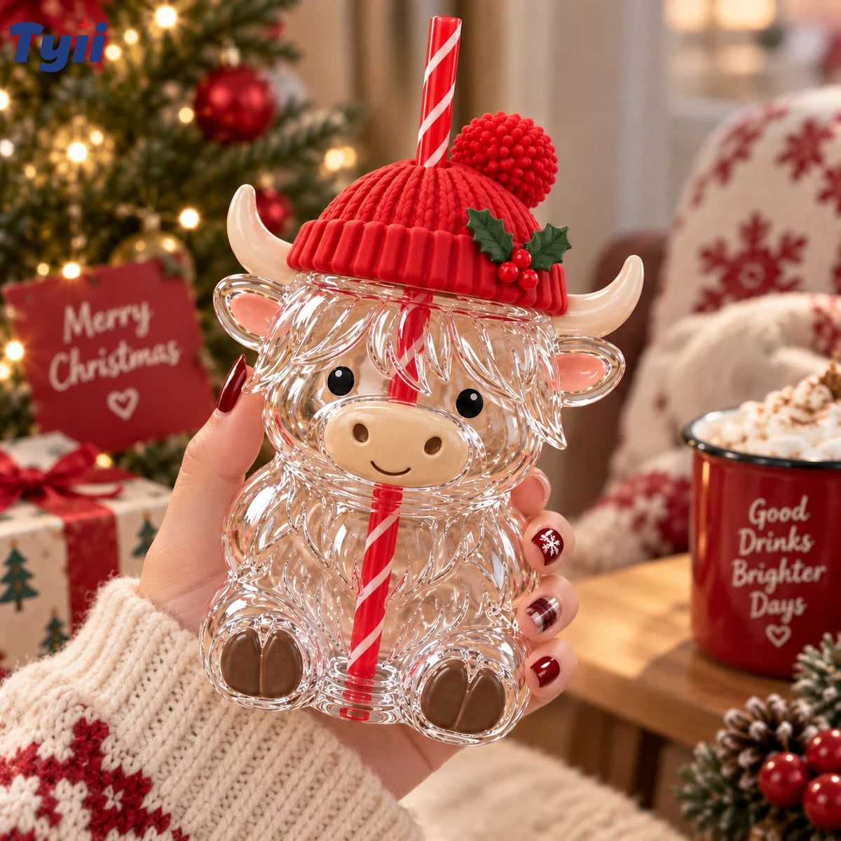 ❤️TYIIPRO™ Highland Cow Christmas Glass Cup with Straw – Cute Holiday Tumbler Gift
