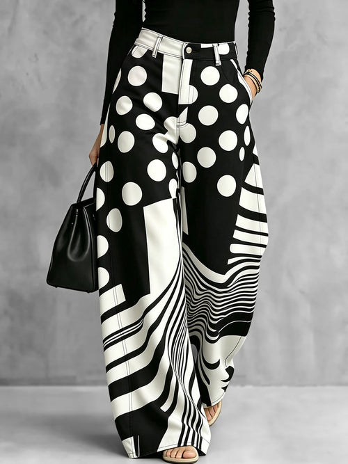 Chic Polka Dot & Striped Wide-Leg Denim Pants