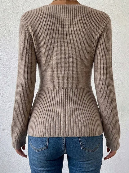 Long-sleeve Fitted Knit Top With A Twisted Deep-v Neckline