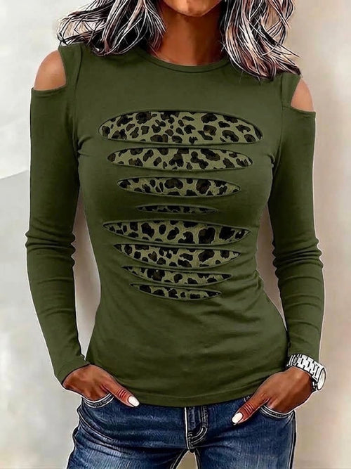 Cold-shoulder Long-sleeve Top With Leopard-print Paneling And Distressed Details