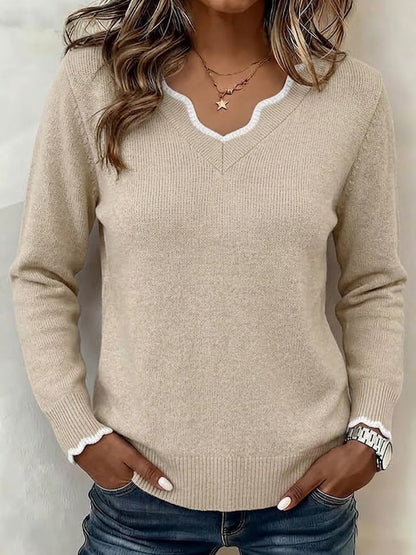 Scalloped Trim V-neck Color Block Long Sleeve Knit Sweater