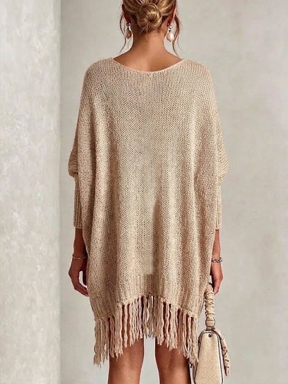 Bohemian V-neck Loose Knit Dress With Pockets And Tassels