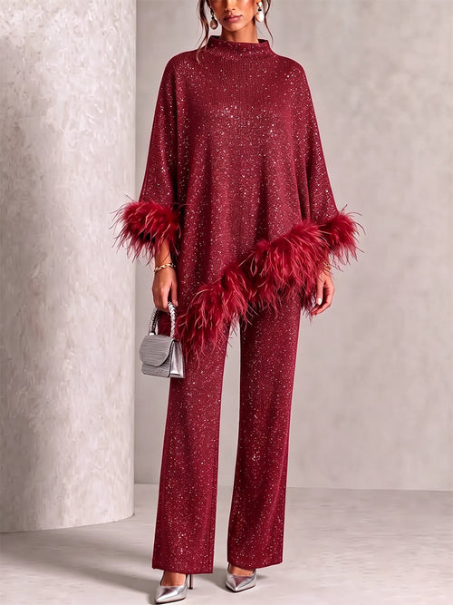 Glamorous  Feather-Trimmed Knit Two-Piece Set