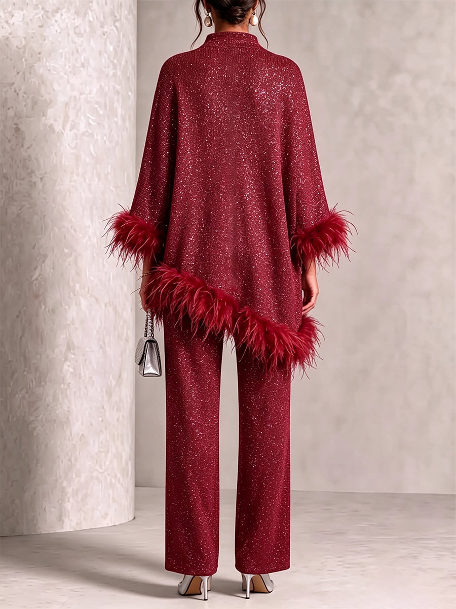 Glamorous  Feather-Trimmed Knit Two-Piece Set